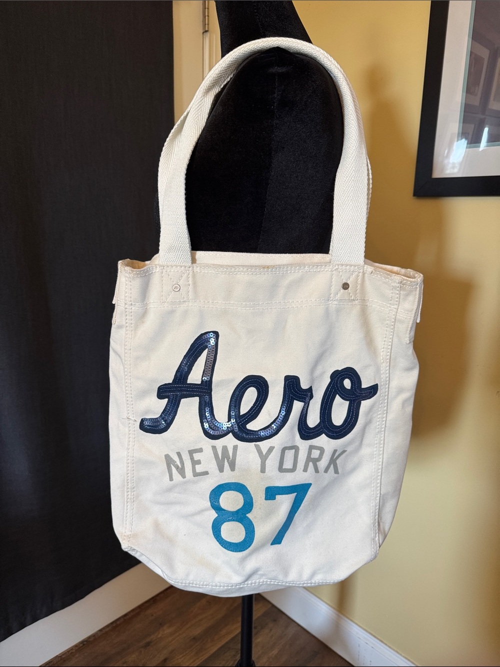 Aeropostale White Canvas Tote Bag with Navy and Teal Accents